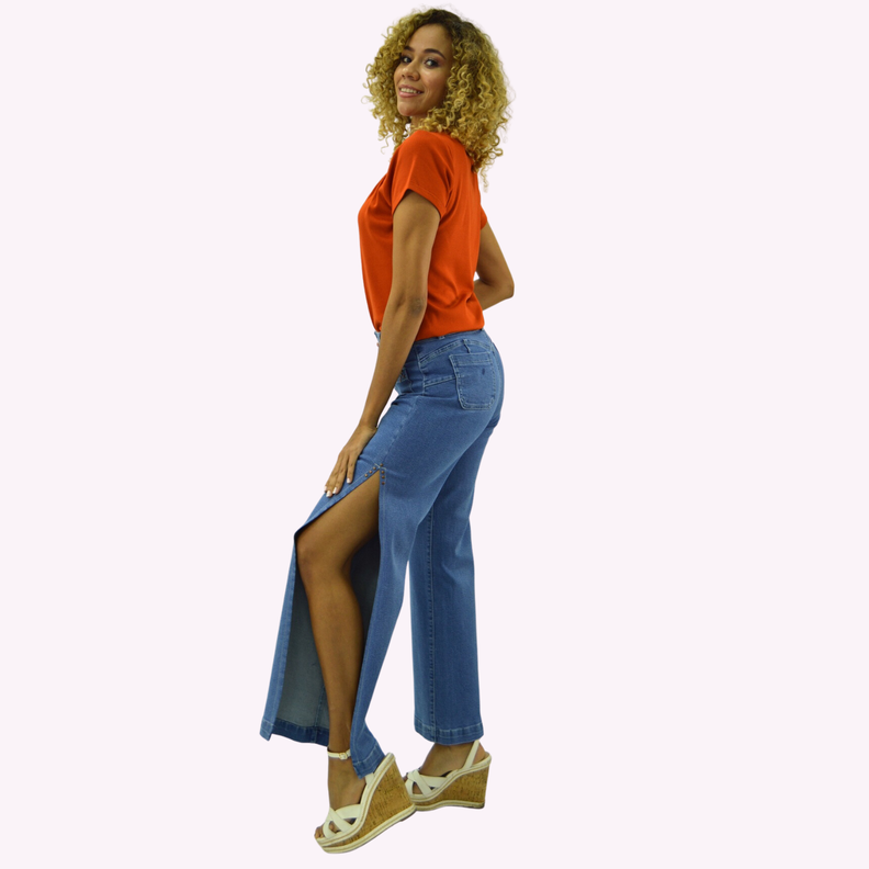 Jeans Palazzo Abertura Costado Azul -1