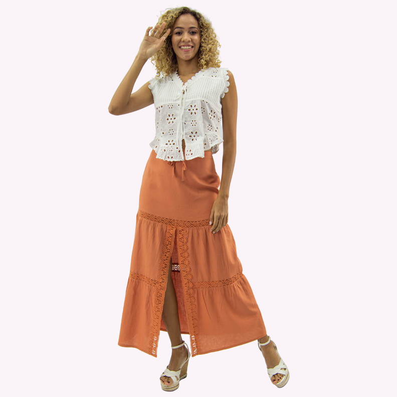 Falda Lino Broderie Ladrillo-0