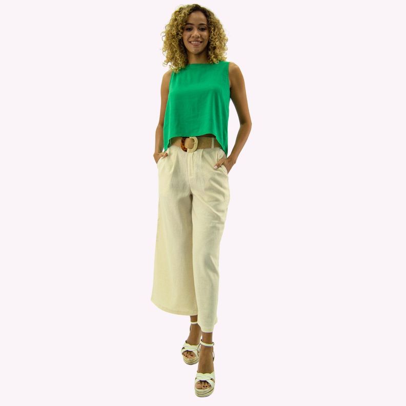 Pantalon Cropped Palazzo Lino Beige-0