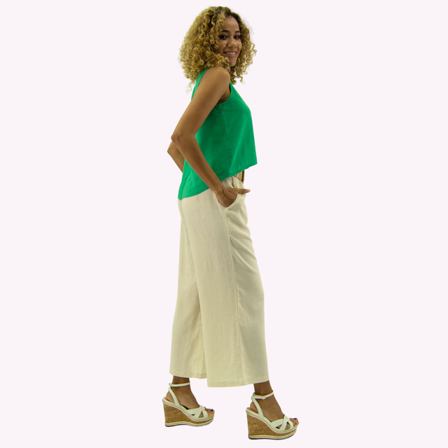 Pantalon Cropped Palazzo Lino Beige-1