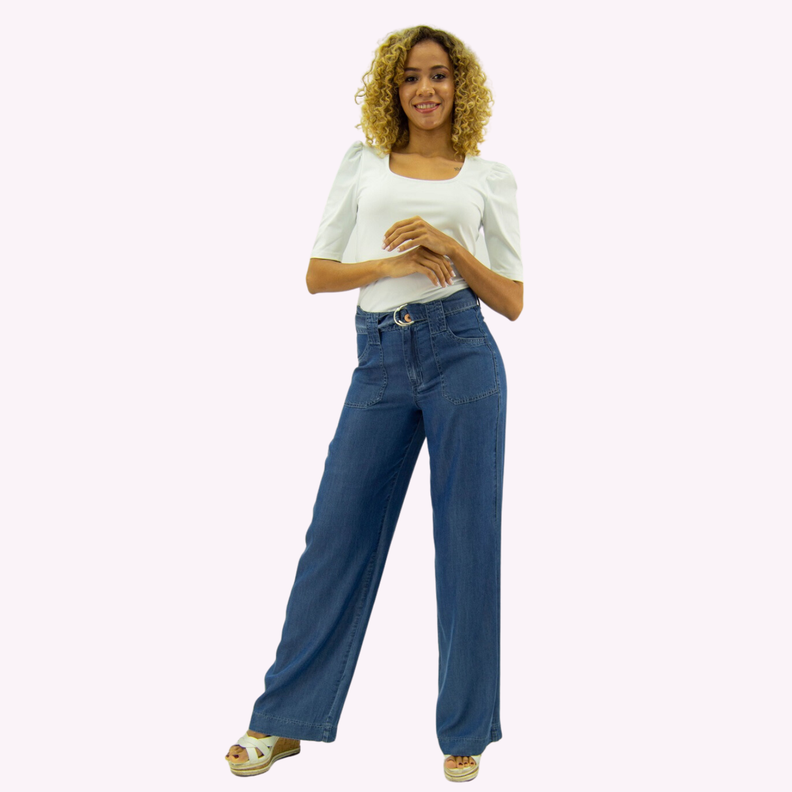 Pantalon Palazzo B. Parche Tencel Azul -0