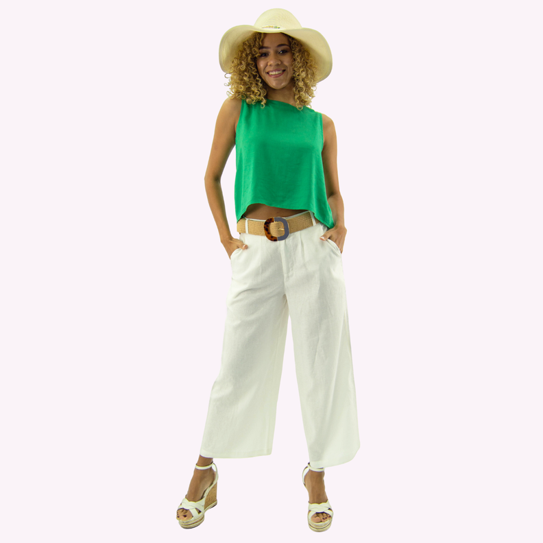 Pantalon Cropped Palazzo Lino Blanco-0