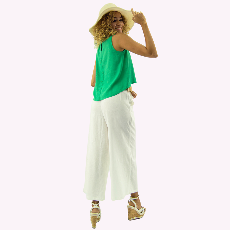 Pantalon Cropped Palazzo Lino Blanco-2