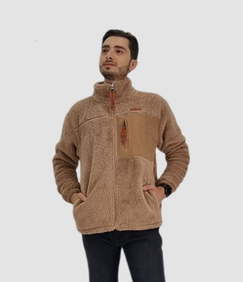 Poleron sherpa aplicacion parche beige