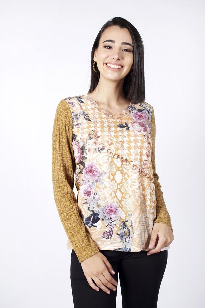 Polera printer flores mostaza