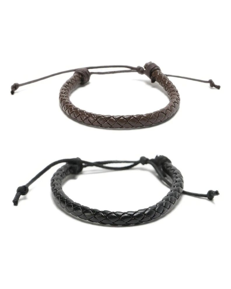 Pulsera Cuero Sintético Pack 2 Café Negro Ajustable Trenzado