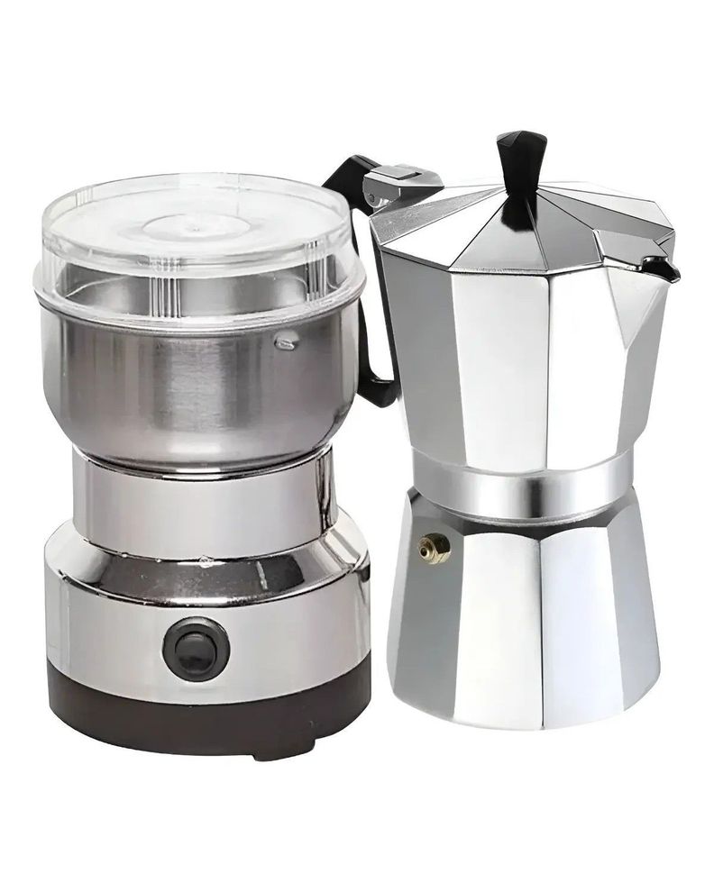 Moledor Eléctrico De Café + Cafetera Italiana Greca 3 Tazas Color Gris