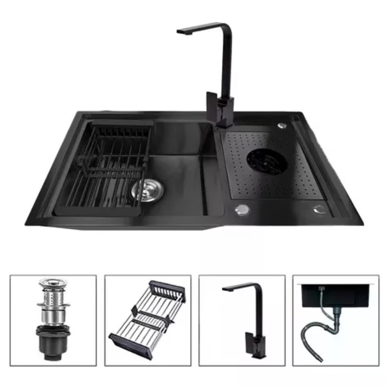 Lavaplatos Con Llave Moderno 80x50 Con Lavavasos Grifo Y Accesorios Negro-0