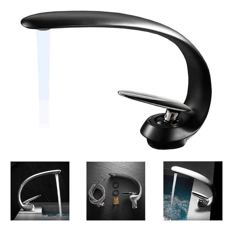 Llave Lavamanos Curva Premium Acero Inoxidable Negro Baño-0