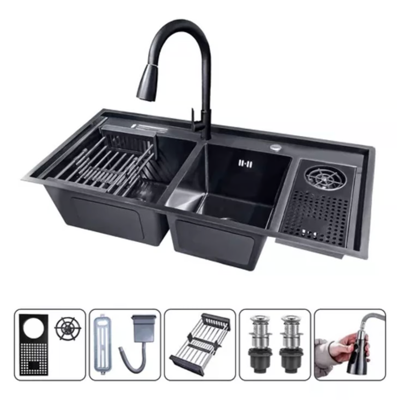 Lavaplatos Con Llave Moderno 100x48 Y Lavavasos Accesorios Negro-0