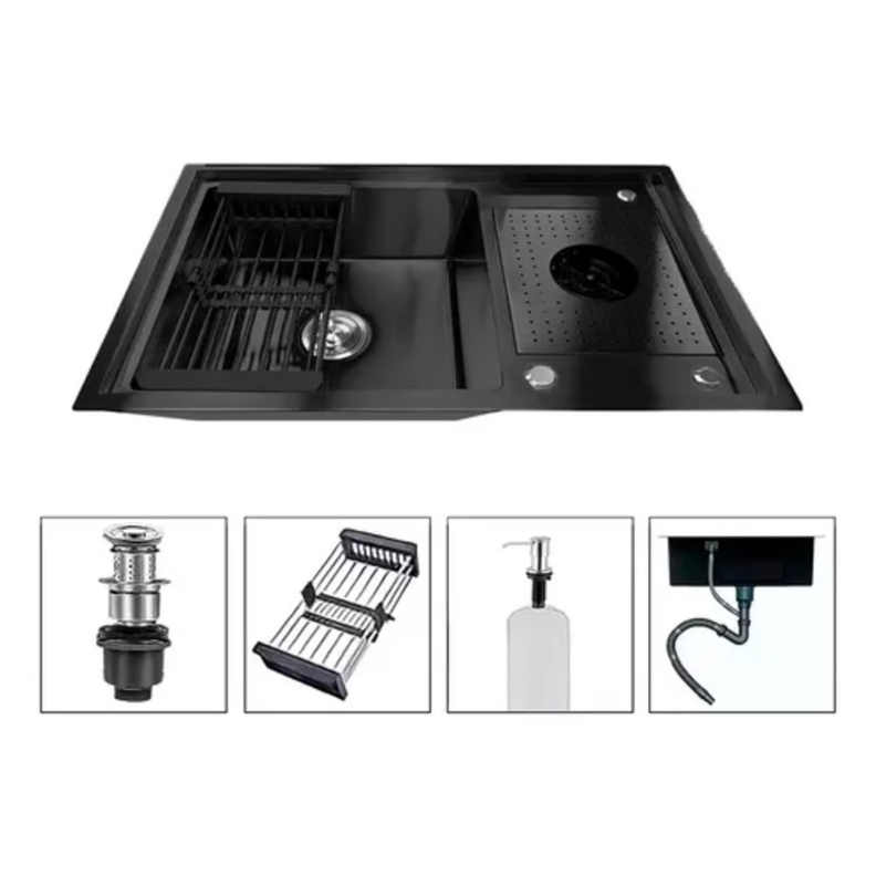 Lavaplatos 80x50cm Acero 304 Con Lavavasos Empotrable Moderno Negro-0