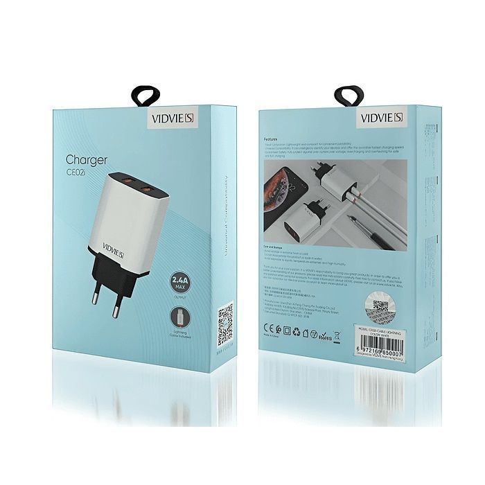 Cargador pared 2 puertos USB  carga rápida Vidvie-0