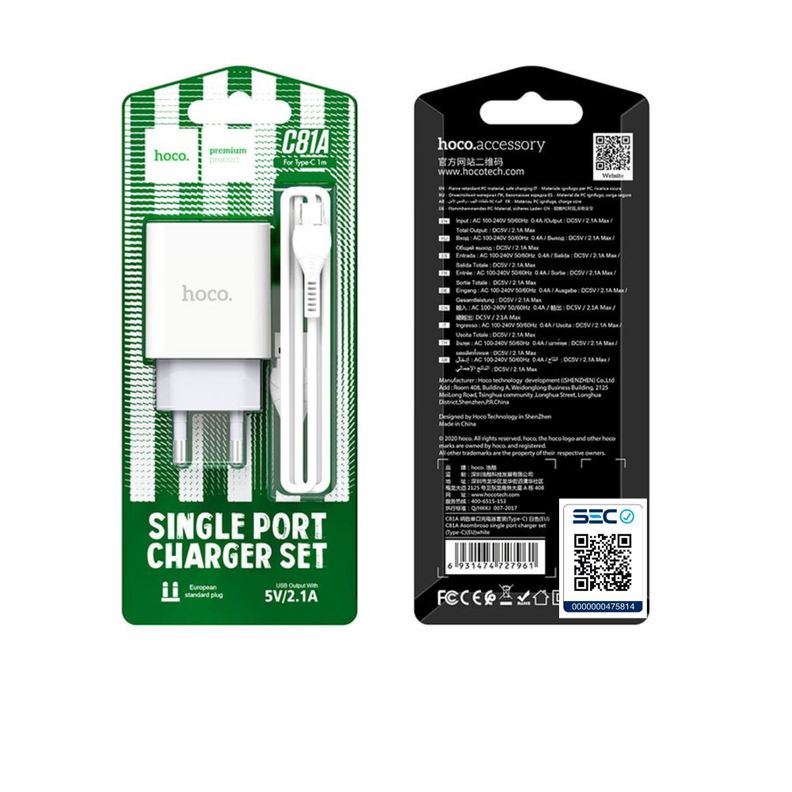 Cargador Hoco C81A 3.0 USB a Tipo C con cable para Android-5