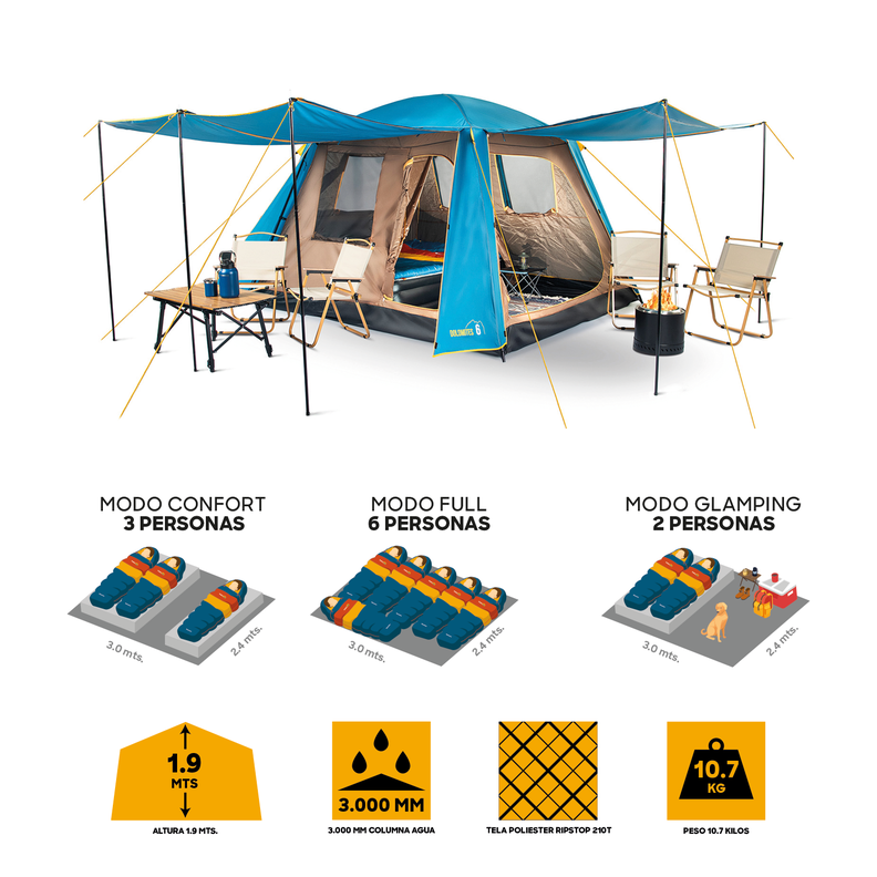 Carpa Camping Dolomites 6, 6 personas techo largo 3000 mm-5