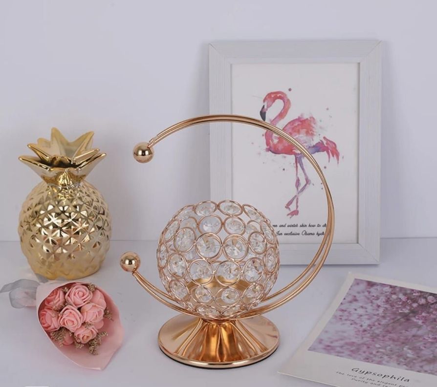Hermoso Porta Vela Metal Dorado Con Simil Brillantes 23x20cm-2