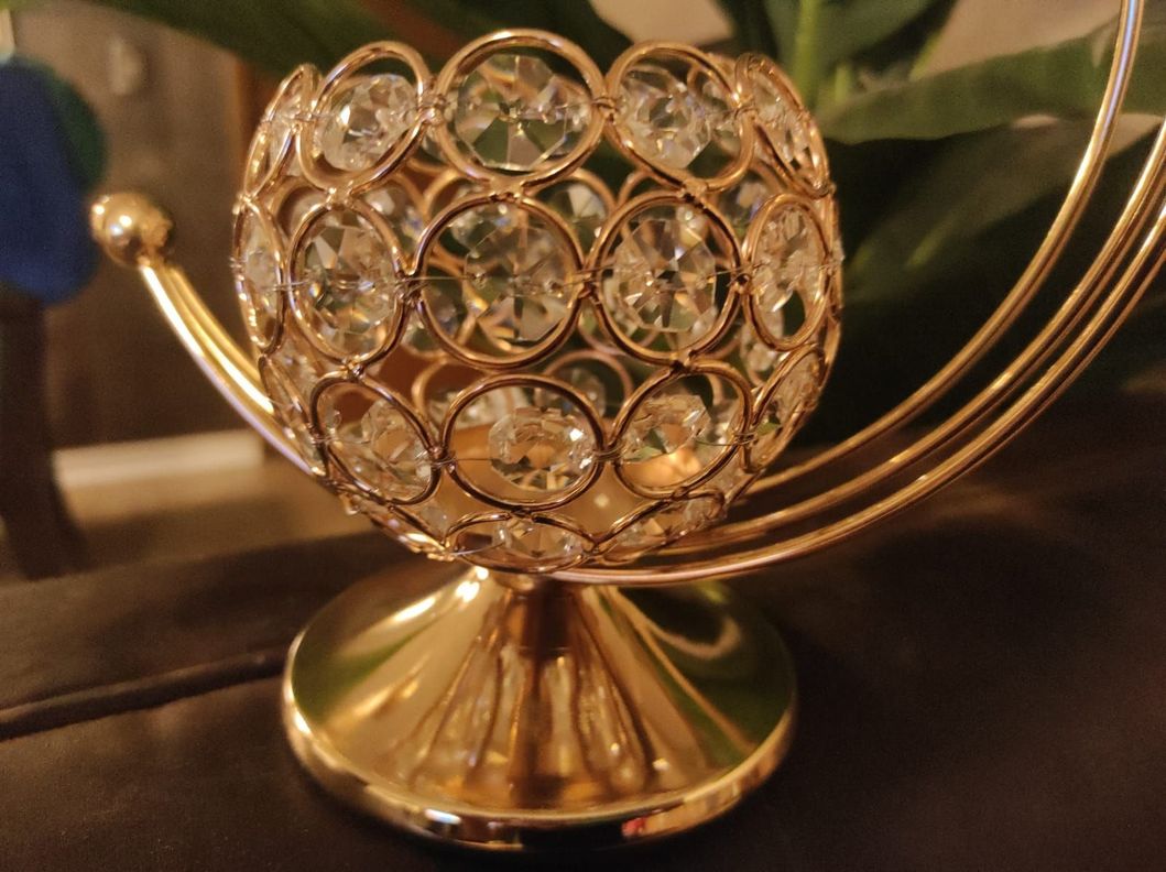 Hermoso Porta Vela Metal Dorado Con Simil Brillantes 23x20cm-5