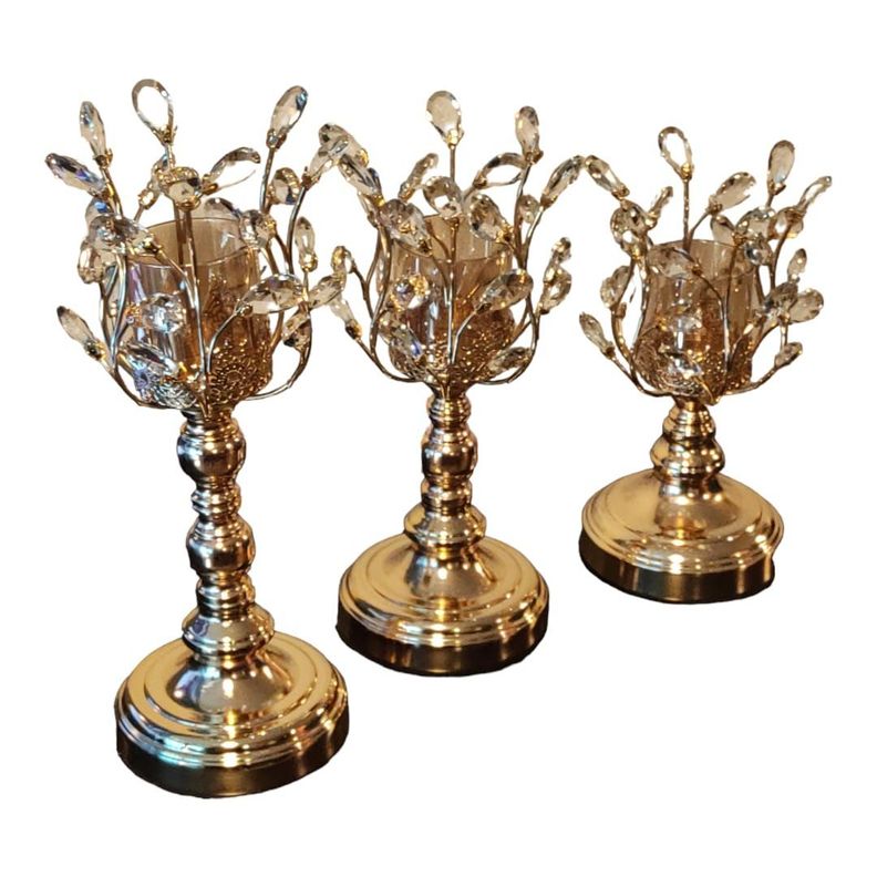 Set de 3 Candelabros Metal/Vidrio, Diseño Golden Metal Tree-0