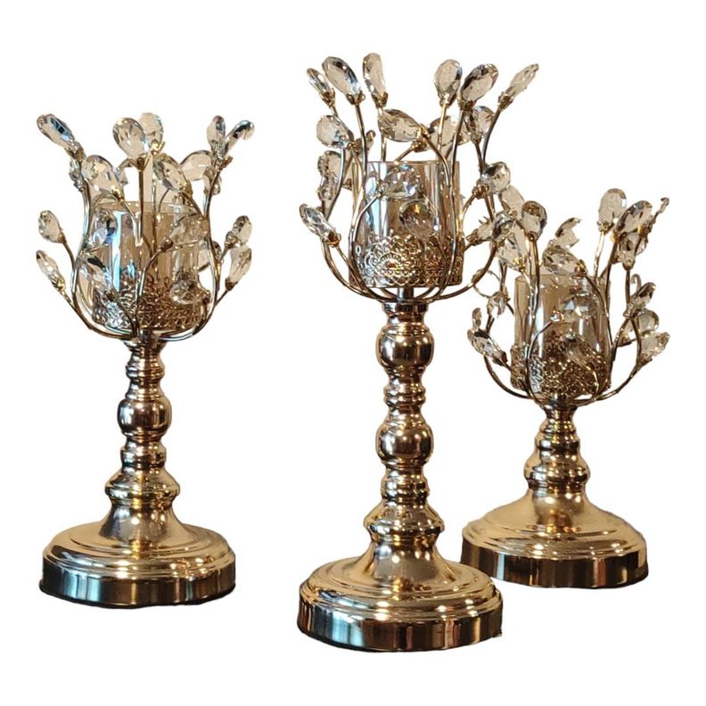 Set de 3 Candelabros Metal/Vidrio, Diseño Golden Metal Tree-1
