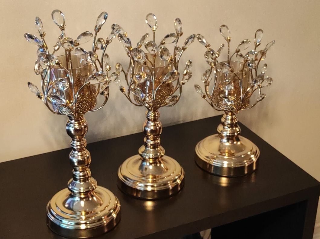 Set de 3 Candelabros Metal/Vidrio, Diseño Golden Metal Tree-2