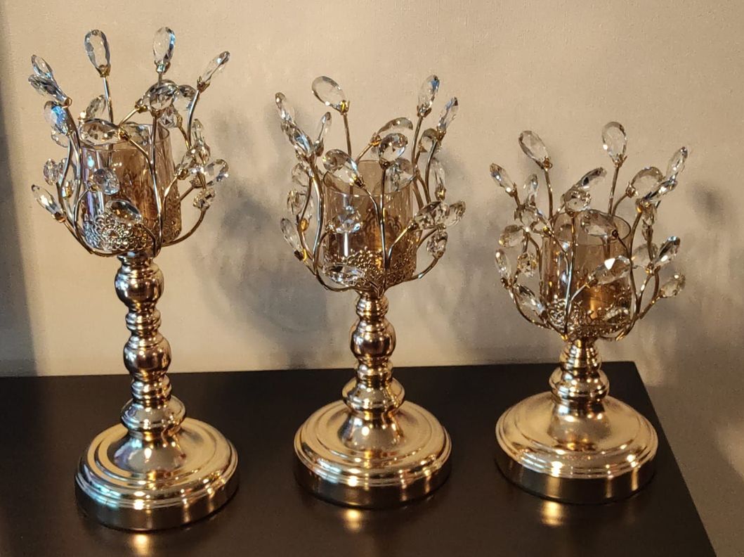 Set de 3 Candelabros Metal/Vidrio, Diseño Golden Metal Tree-4