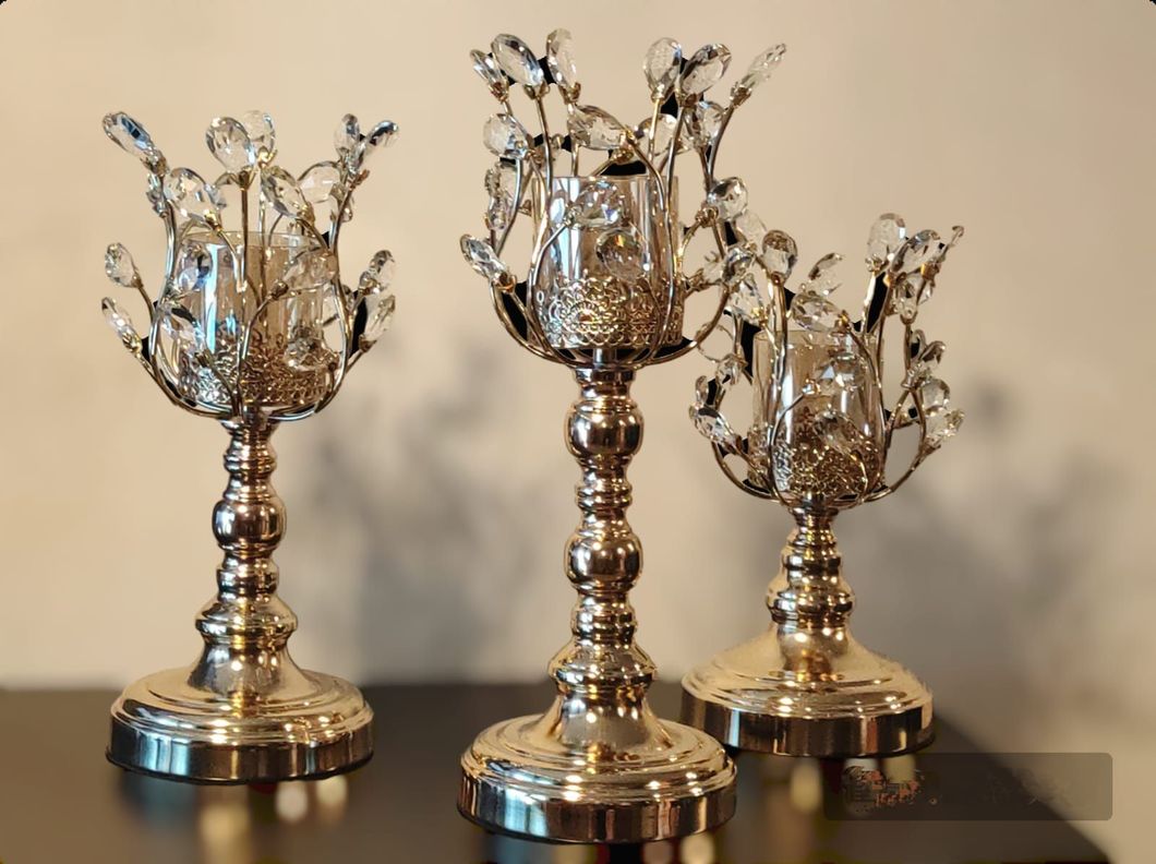 Set de 3 Candelabros Metal/Vidrio, Diseño Golden Metal Tree-7