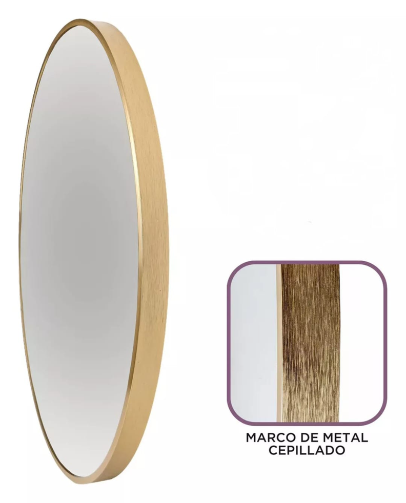 Espejo Circular 60 Cm Ø, Marco Metal Cepillado, Dorado/negro-3