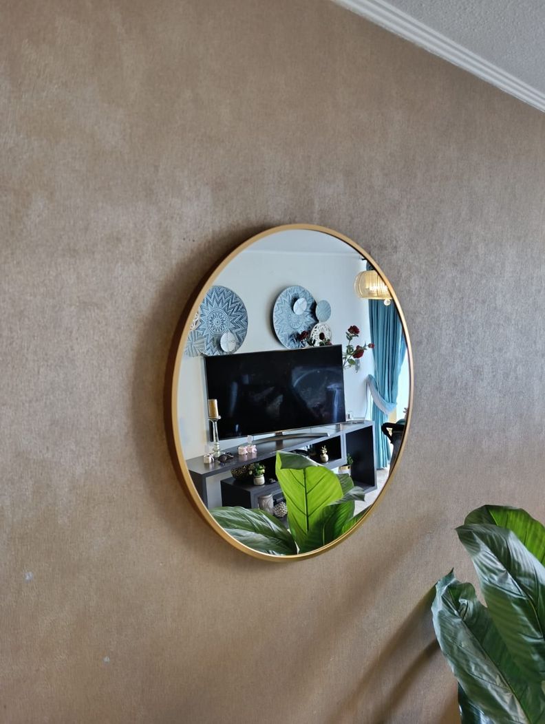Espejo Circular 60 Cm Ø, Marco Metal Cepillado, Dorado/negro-4