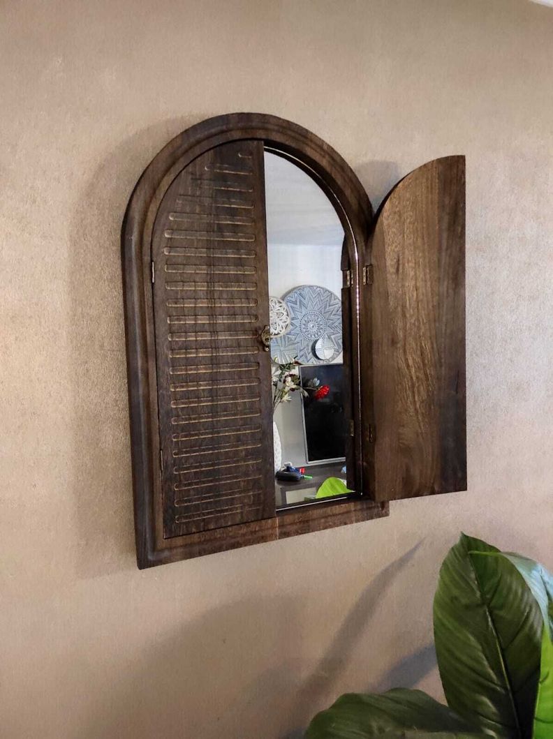 Espejo De Madera Cafe Oscuro Forma Ventana Con Puertas 44x66 Cm-2