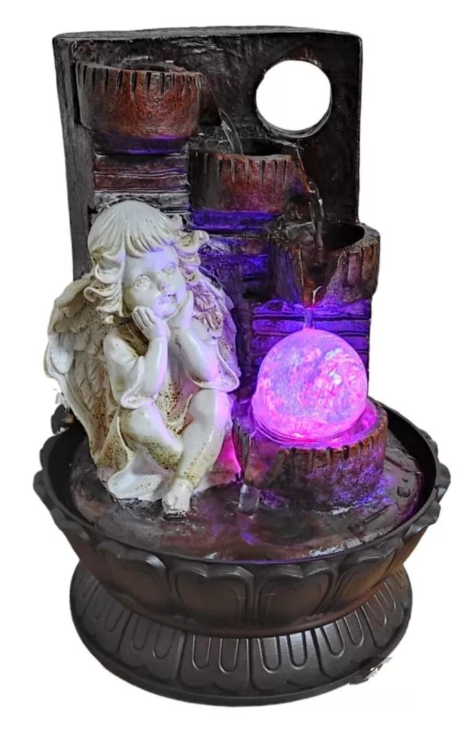 Fuente De Agua 3 Cantaros Angel Con Luz Led Y Esfera 27 Cm-0
