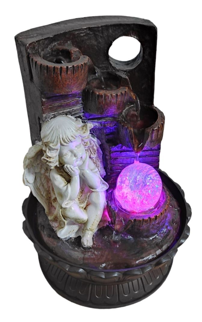 Fuente De Agua 3 Cantaros Angel Con Luz Led Y Esfera 27 Cm-2