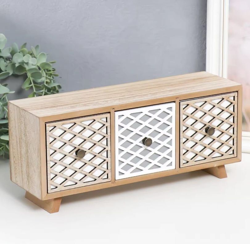 Organizador Madera 3 Cajones Malla Beige Y Blanco 32.5x14x10cm-1