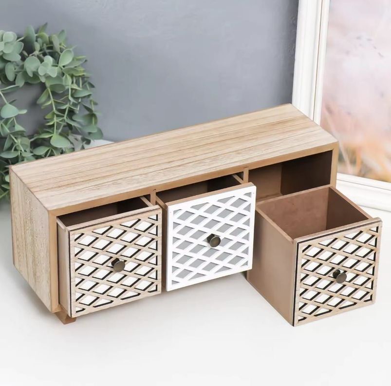 Organizador Madera 3 Cajones Malla Beige Y Blanco 32.5x14x10cm-2