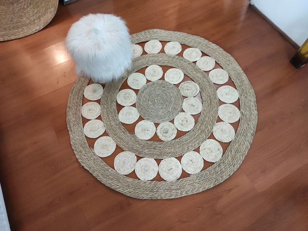 Hermosa Alfombra De Yute Bicolor Circulos 120 Cm Diametro-1