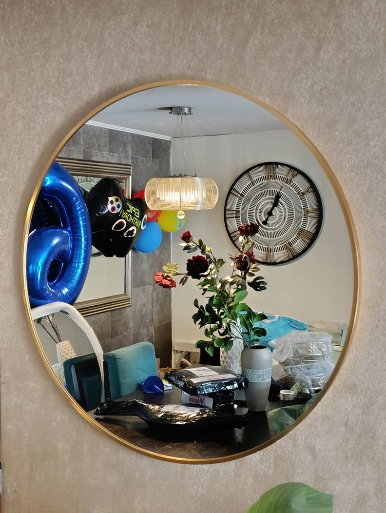 Espejo Circular 80 Cm Ø, Marco Metal Cepillado, Dorado/negro-2