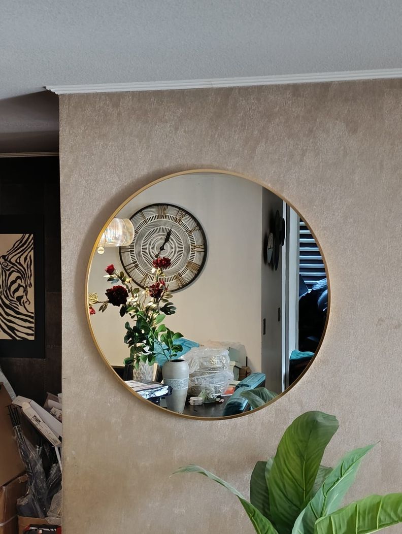 Espejo Circular 80 Cm Ø, Marco Metal Cepillado, Dorado/negro-3