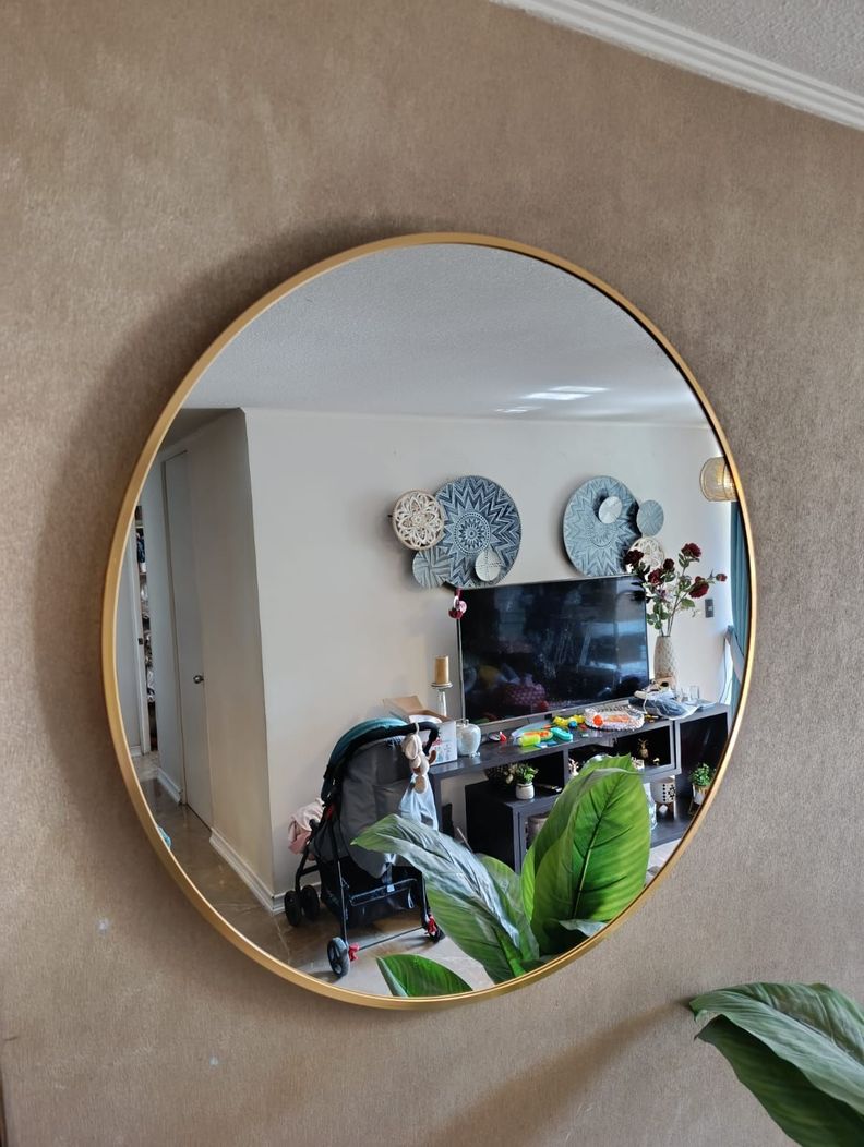 Espejo Circular 80 Cm Ø, Marco Metal Cepillado, Dorado/negro-4