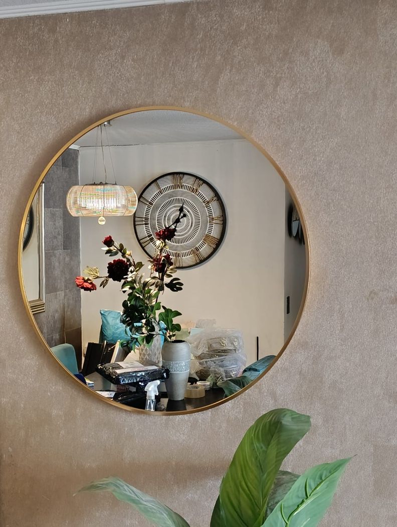 Espejo Circular 80 Cm Ø, Marco Metal Cepillado, Dorado/negro-5