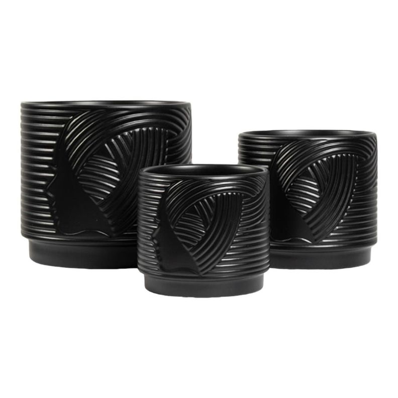 Set De 3 Maceteros Ceramica Color Negro Black Edition-0