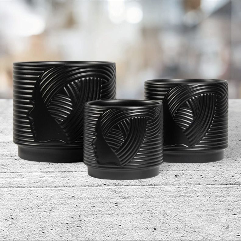 Set De 3 Maceteros Ceramica Color Negro Black Edition-1