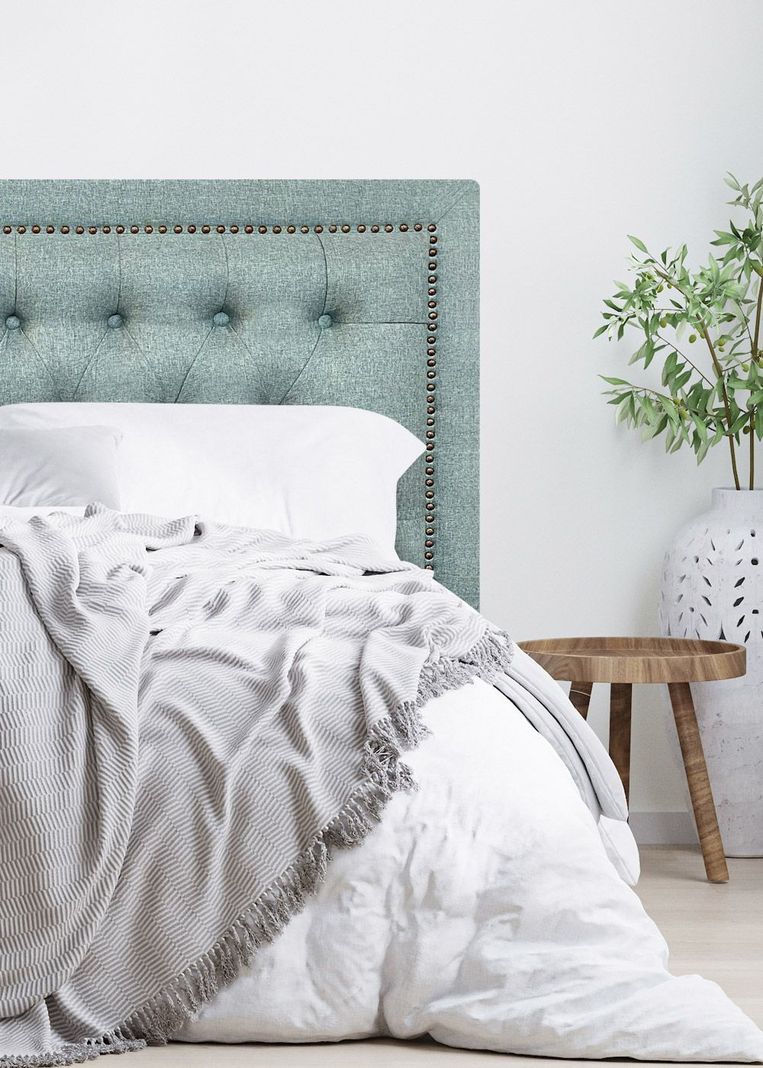 Respaldo de Cama Capitone Frame Tachas Lino Verde Jeans - King