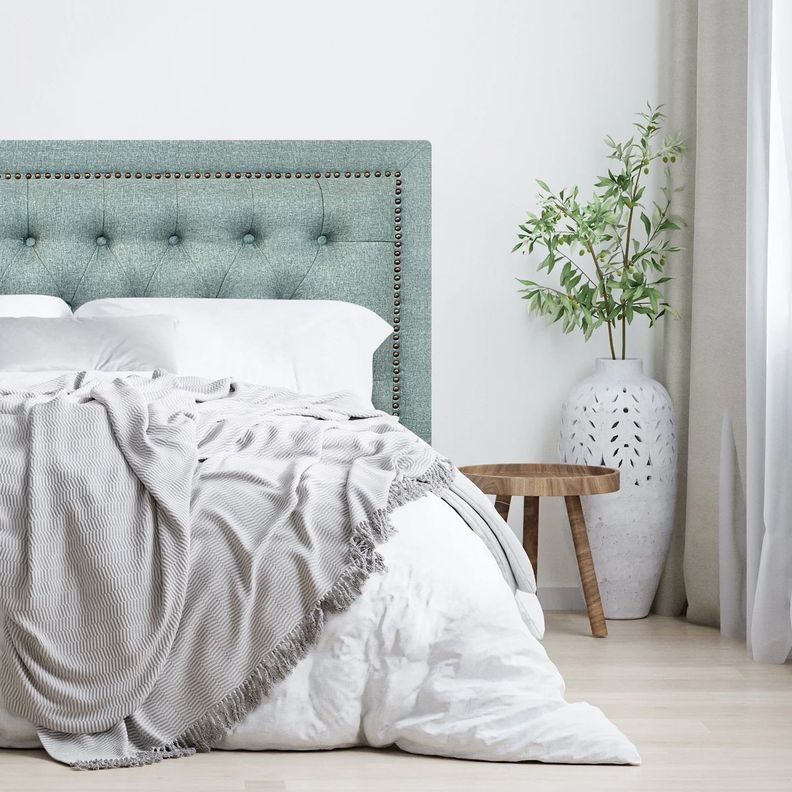 Respaldo de Cama Capitoné Frame Tachas Lino Verde Jeans 1,5 Plazas-0