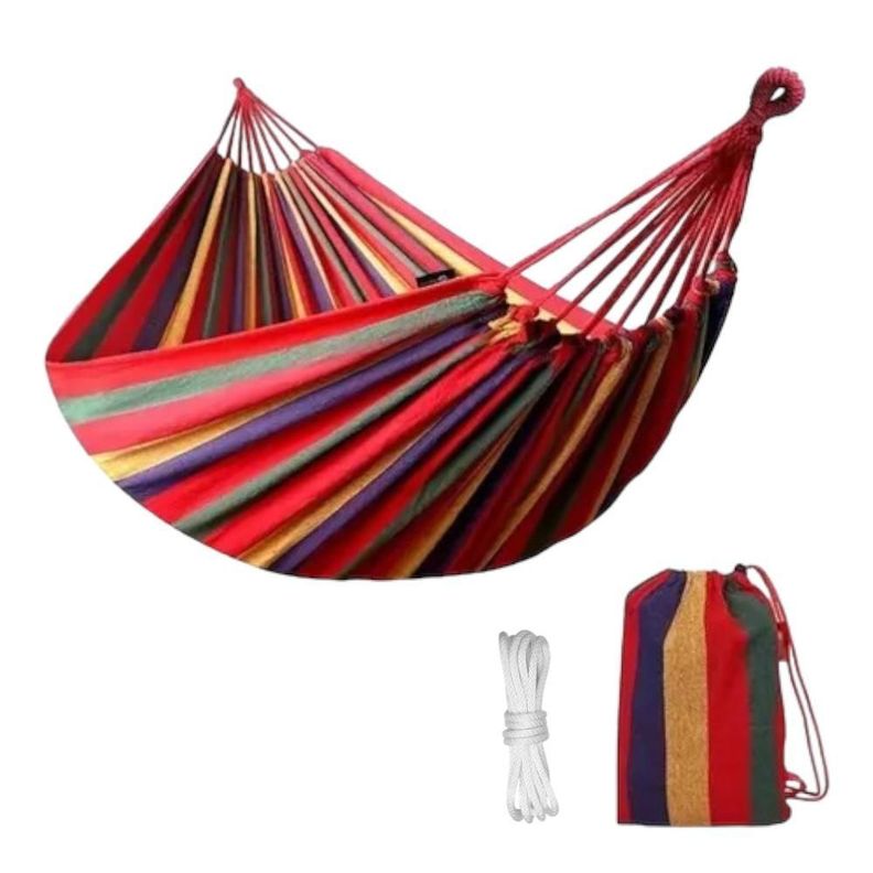 Hamaca Colgante Camping 75x195 Cm 100% Algodón Rayas Rojo -1