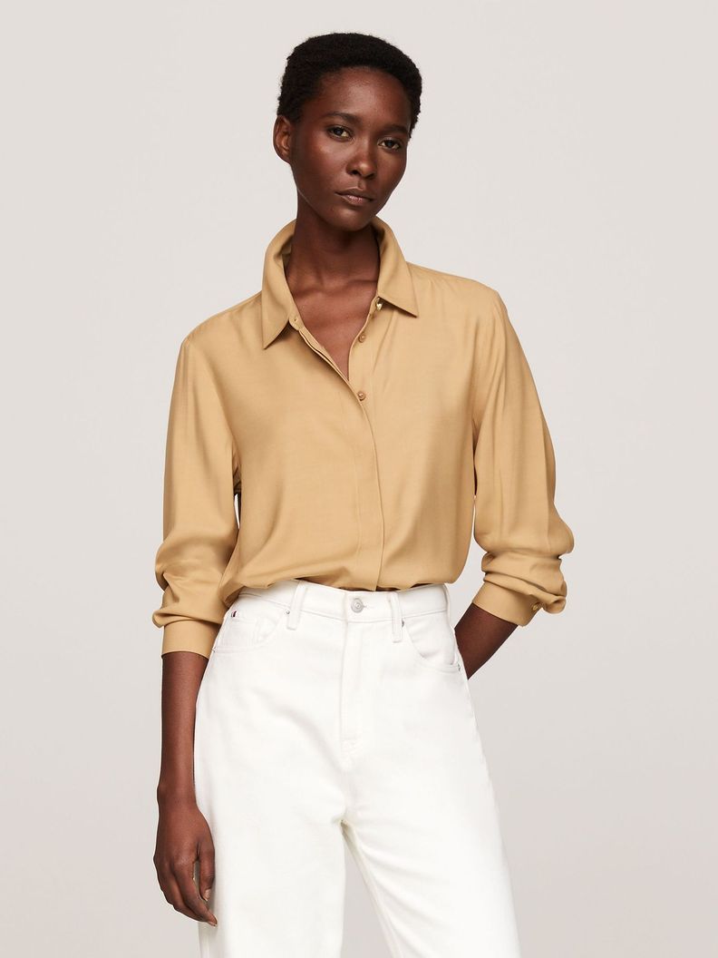 Camisa Amplia Con Logo Metálico Beige Tommy Hilfiger-0