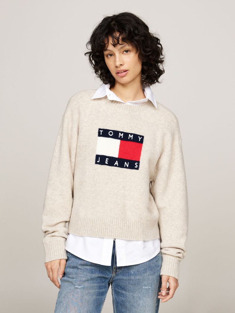Sweater De Melánge Con Logo Flag Beige Tommy Hilfiger-0