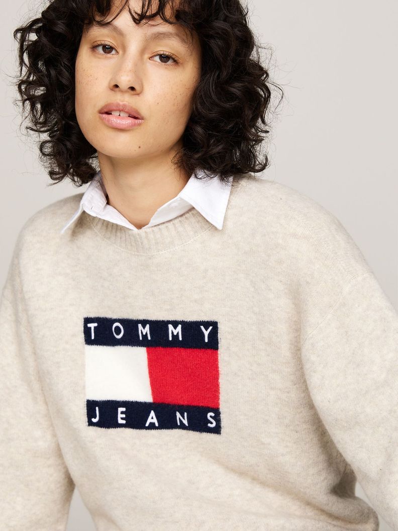 Sweater De Melánge Con Logo Flag Beige Tommy Hilfiger-3