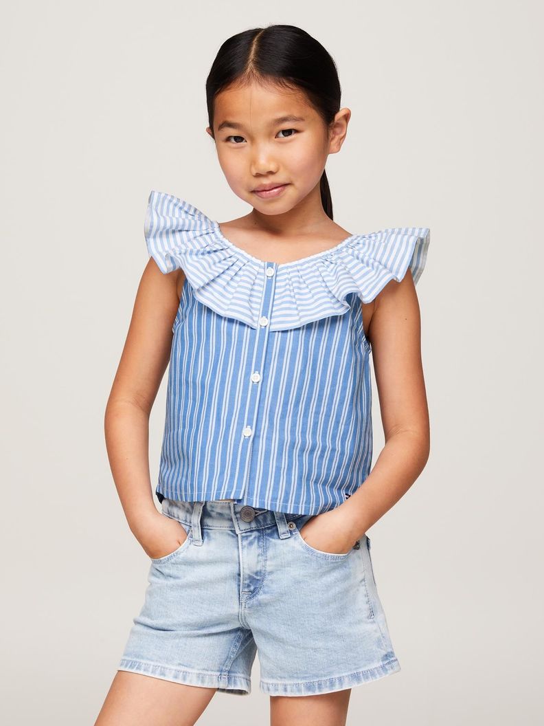 Blusa A Rayas Con Vuelos Celeste Tommy Hilfiger-0