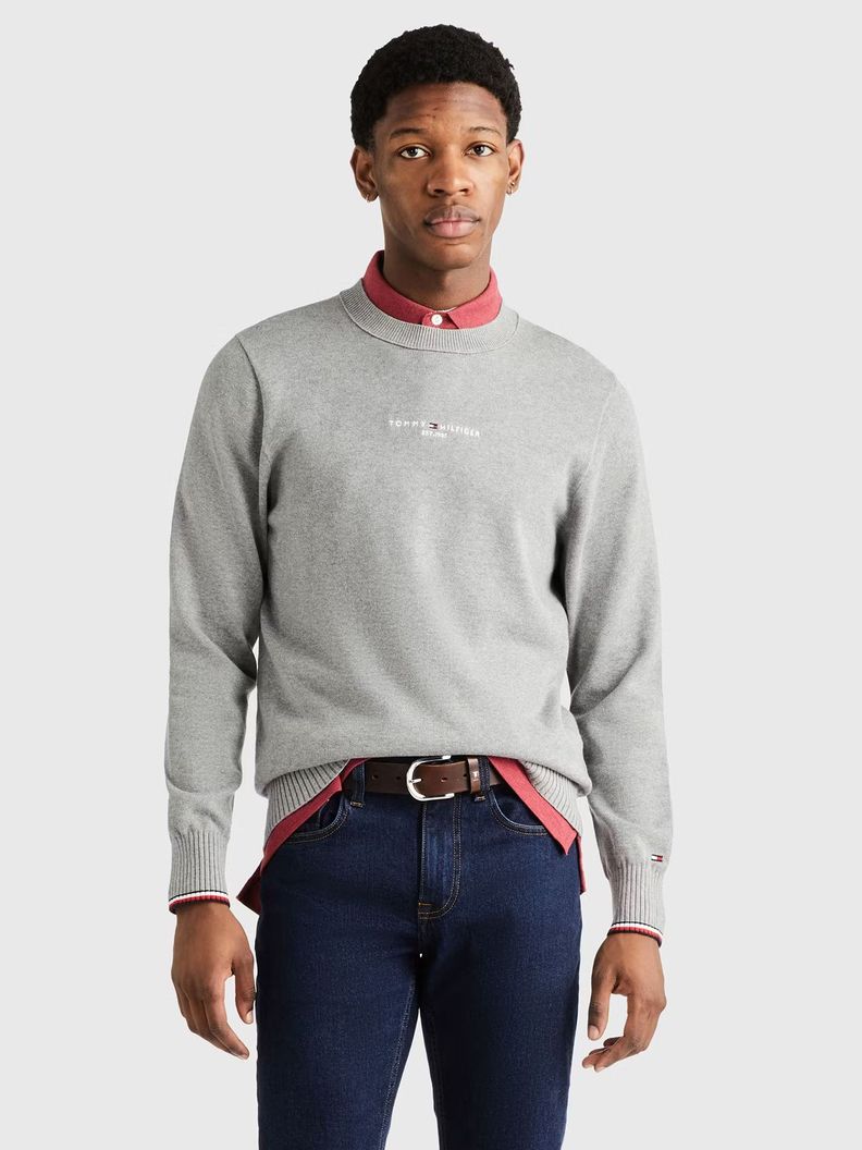 Sweater C-Neck Con Logo Bordado Gris Tommy Hilfiger-0