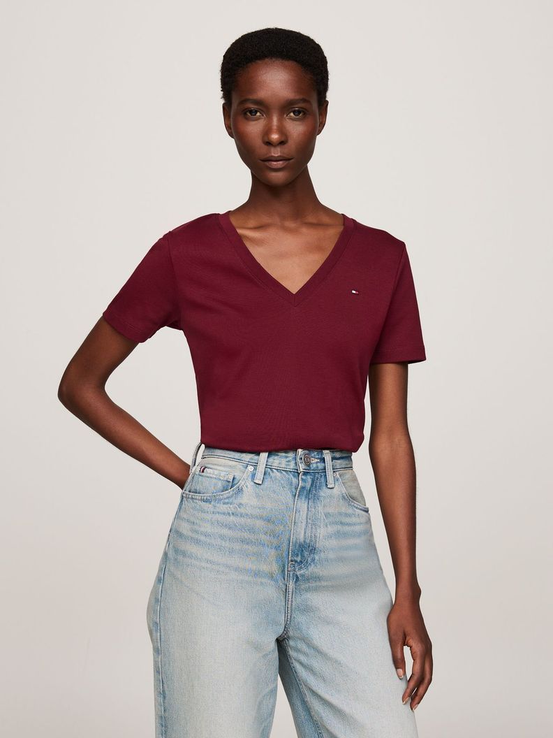 Polera A Rayas V-Neck Slim Fit Burdeo Tommy Hilfiger-0