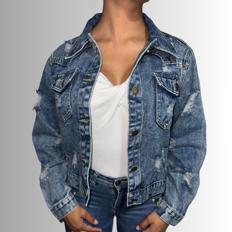 Chaqueta Mezclilla Destroyed Mujer Azul Oscuro-0