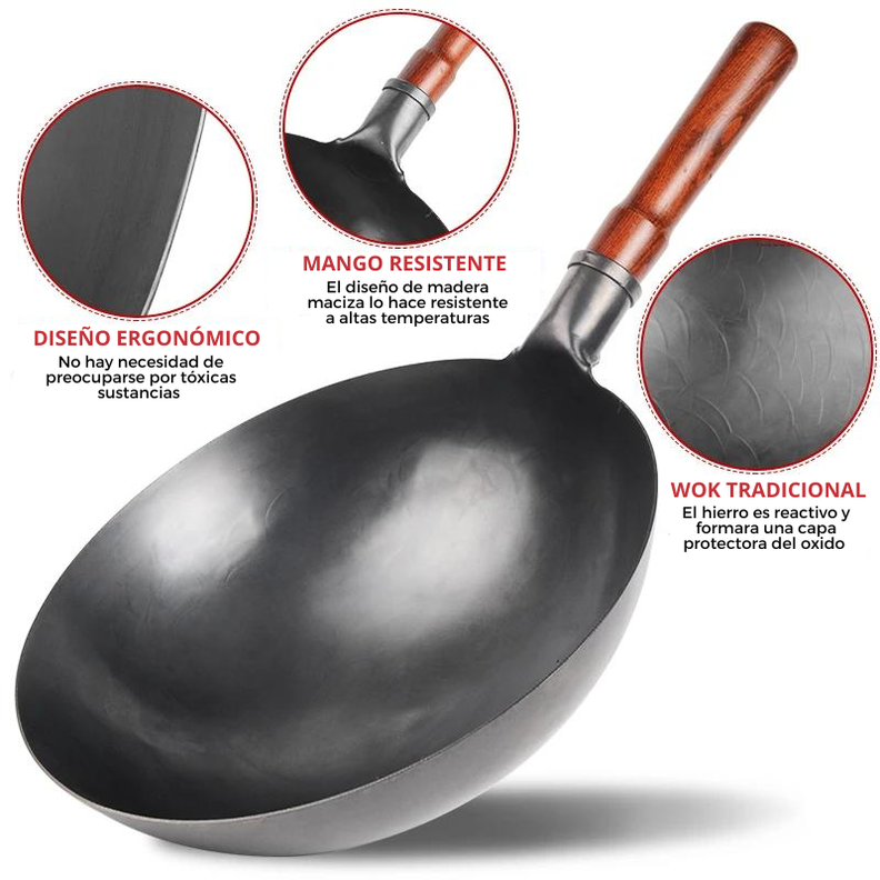 Wok tradicional chino de 38cm acero al carbono.-3